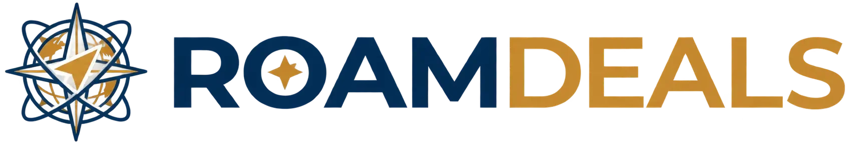 RoamDeals official logo featuring a stylized globe with a compass arrow icon and brand name.